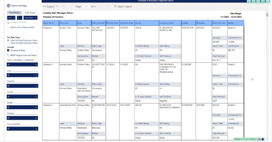 Paginated Report for Schedule of Insurance Tab